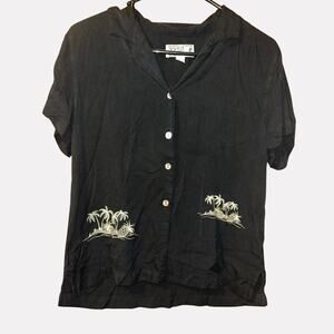 Tiki Classics 100% Silk Black Embroidered Hawaiian Button-Up Shirt Size S